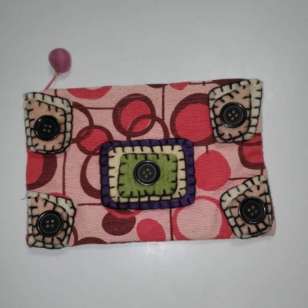 Rising Tide Women Clutch Wallet Pink Brown Geometric Pom Pom Zipper Buttons